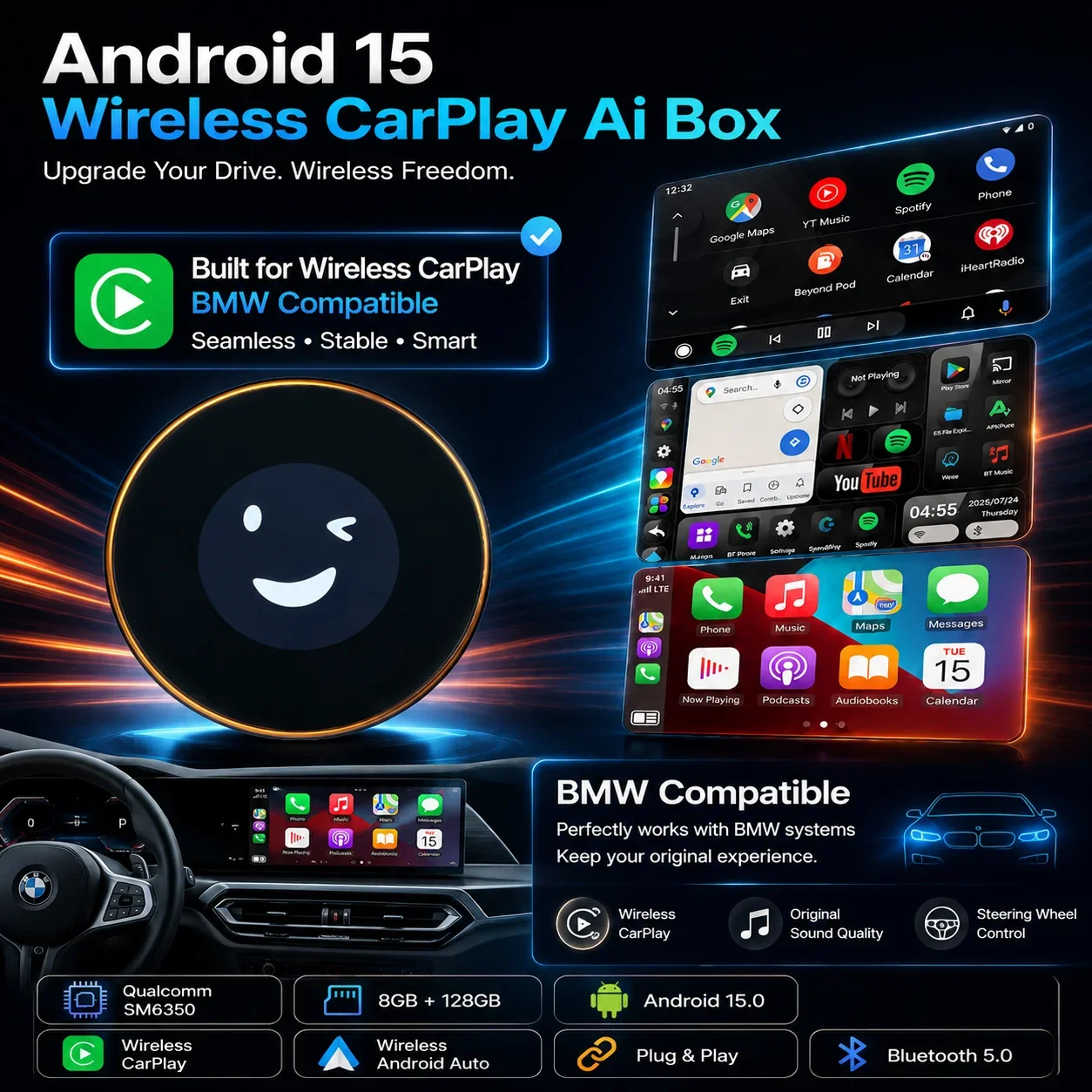 CarRocket 2026 Android 15 Wireless CarPlay Android Auto Ai Box Adattatore Video 5G LTE Supporto VW YouTube/Netflix Scheda TF/SD/SIM