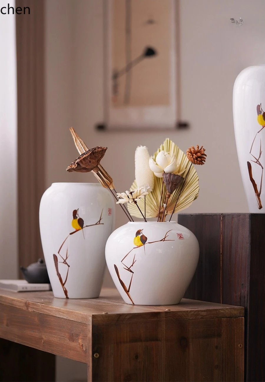 ZML Ceramic Vase Living Room Flower Arrangement Ornament High-end Vintage Ceramic Jar Chinese Style Desktop Home Decoration