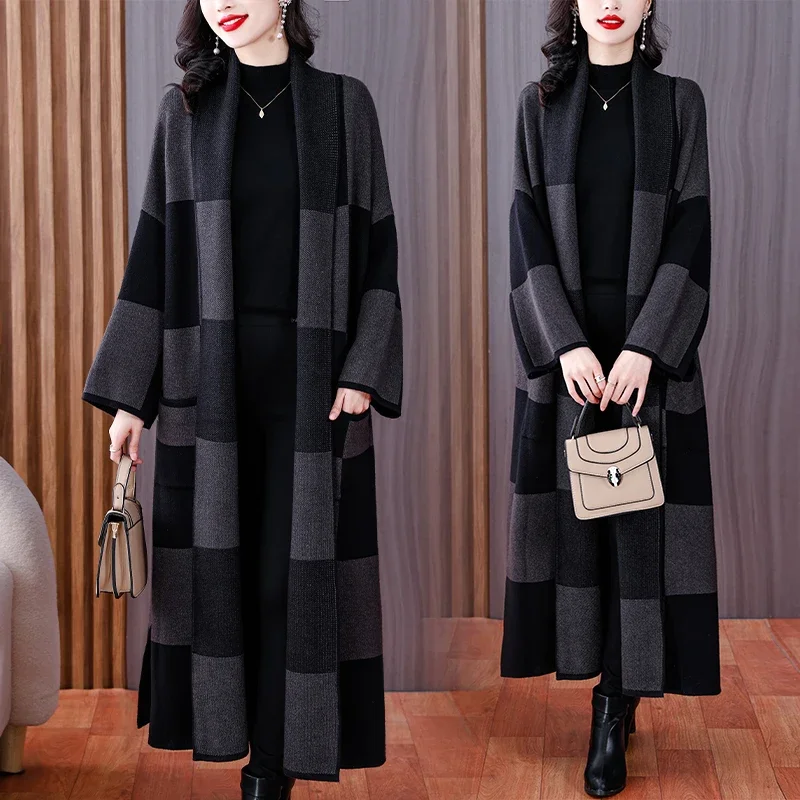 Autumn Winter New Vintage Palid Knitted Woolen Parkas Women Thick Warm Loose Long Jackets 2024 Korean Vintage Elegant Trench