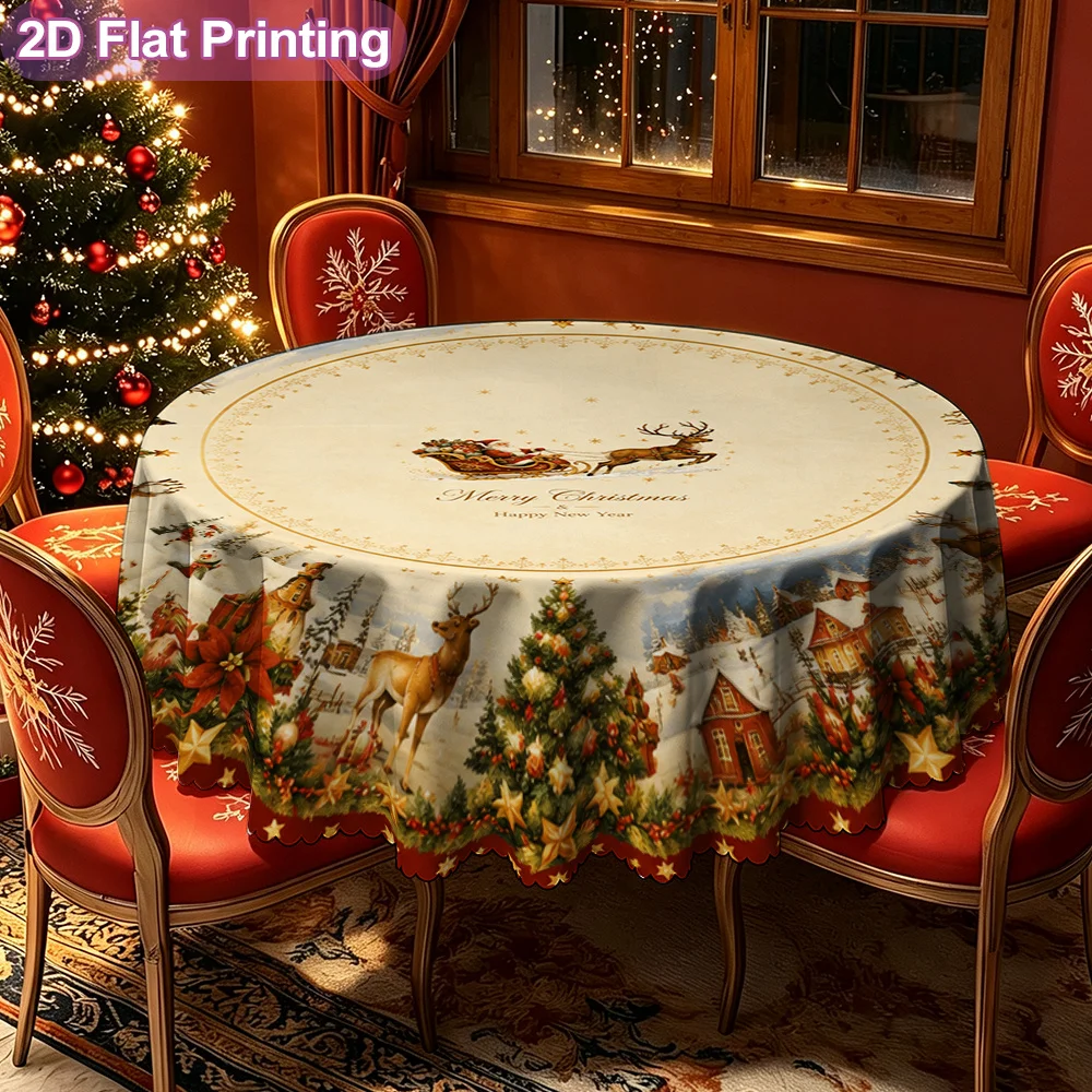 Merry Christmas Reindeer Sleigh Plates Decorative Patterns Festive Tablecloths, Restaurant and Kitchen Seasonal Table Covers