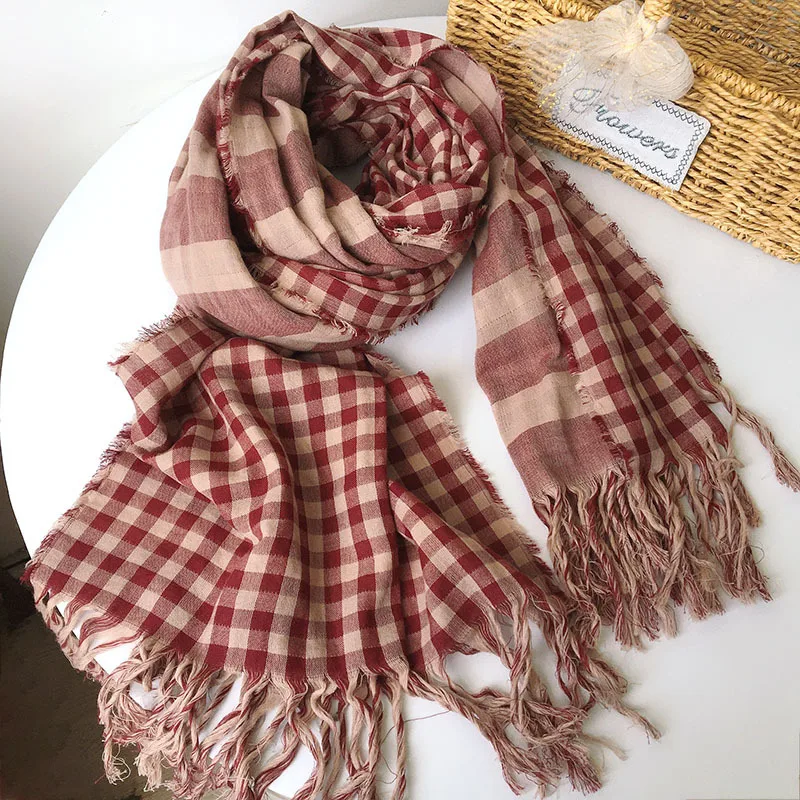 

Vintage 100% cotton double-sided plaid and stripe scarf, extra large and warm muffler