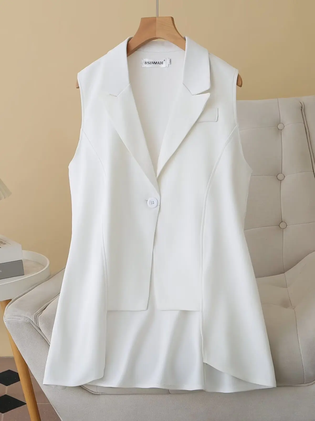 

plus Size Women's Spring Korean Style Suit Jacket Long White Vest Turn-down Collar Intellectual Shoulder Pad Outerwear