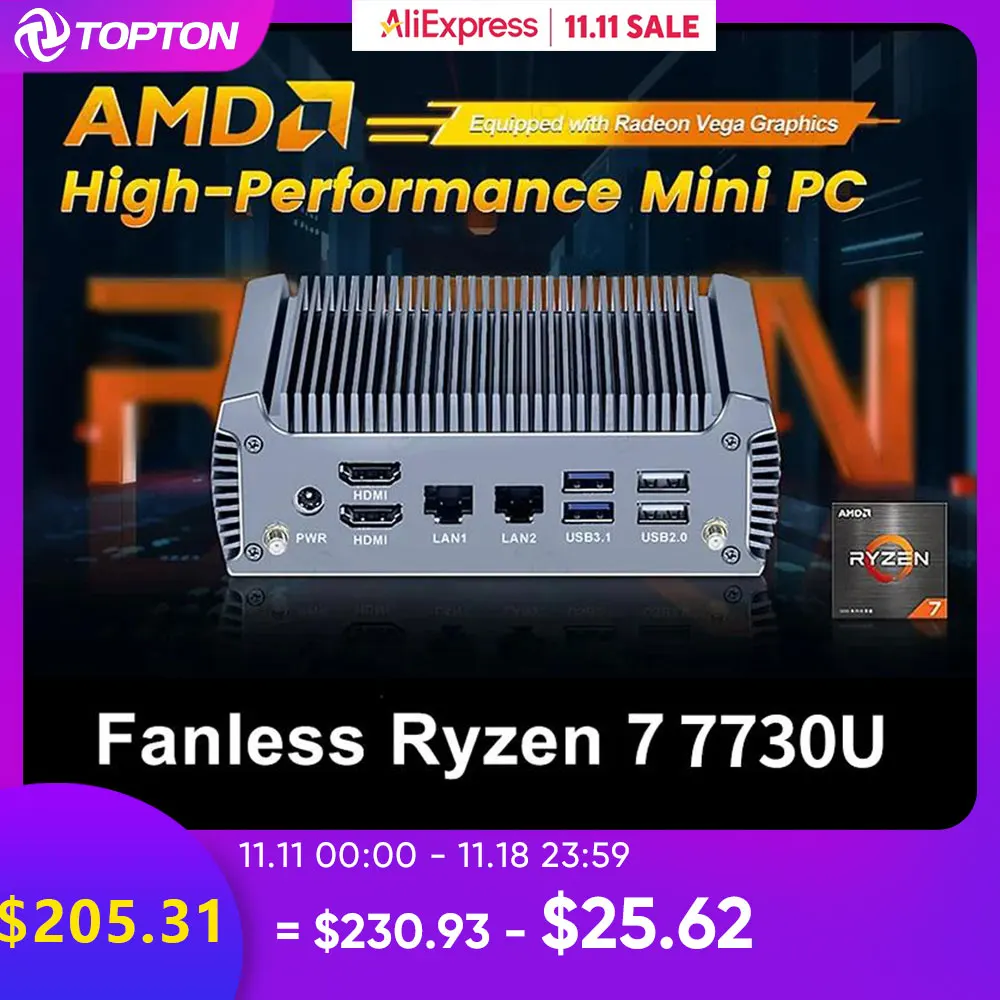 Fanless AMD Mini PC Ryzen 7 7730U 8 Core 16 Threads Gaming Computer Windows 11 2 LANs Firewall Soft Router 2*HDMI2.0 NVMe WiFi6