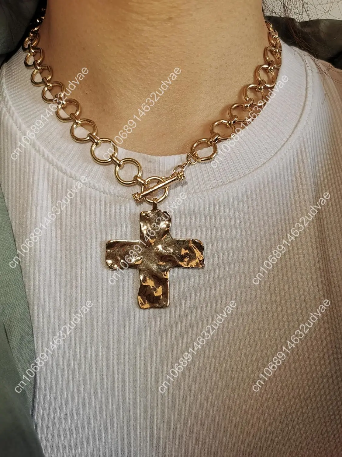 MQV Collana con croce audace martellata in oro con dichiarazione robusta, catena spessa, gioielli con ciondolo a catena vintage