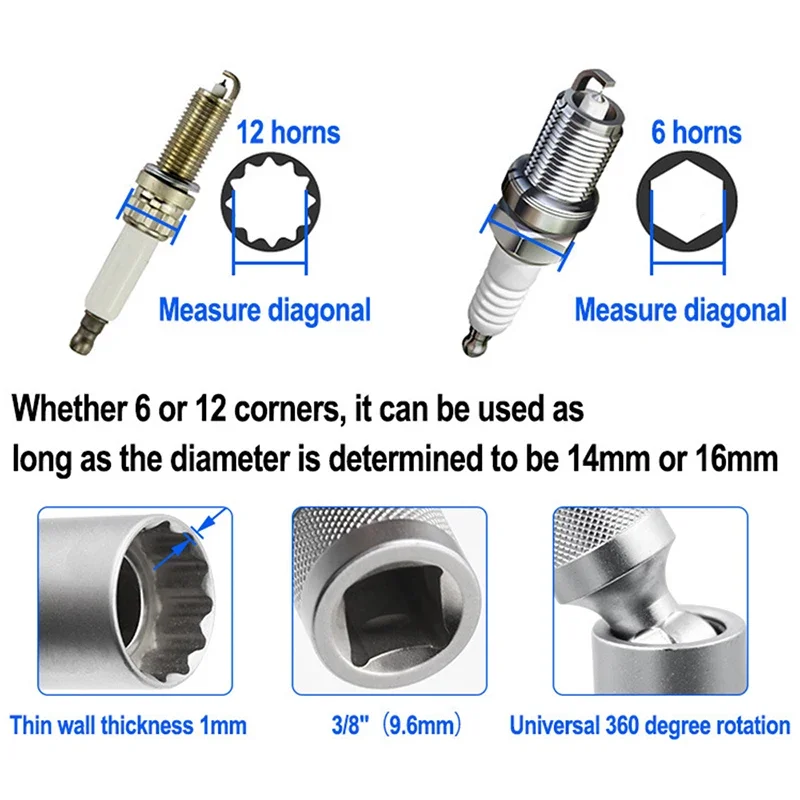Spark Plug Socket Wrench Adapter 14mm16mm Set Universal Joint with Magnetic Flexible Socket Thin Wall 3/8" Drive Car Repair Tool