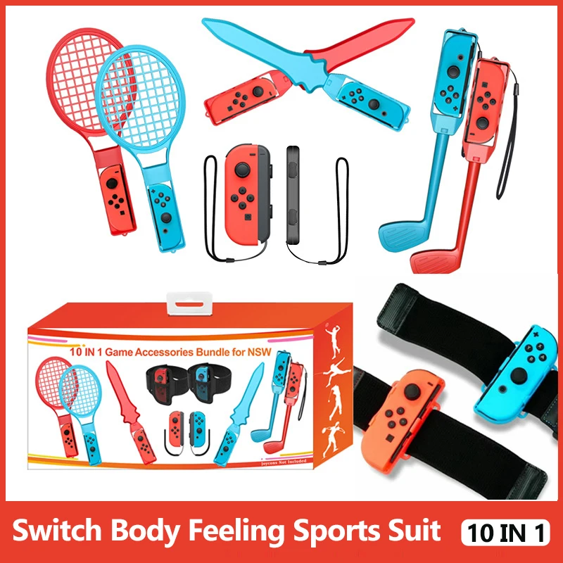 Switch Sport Accessories 10 In 1 Set Golf Club/Tennis Racket/Leg Strap/Games Lightscabe for Nintendo Switch Game Accessories