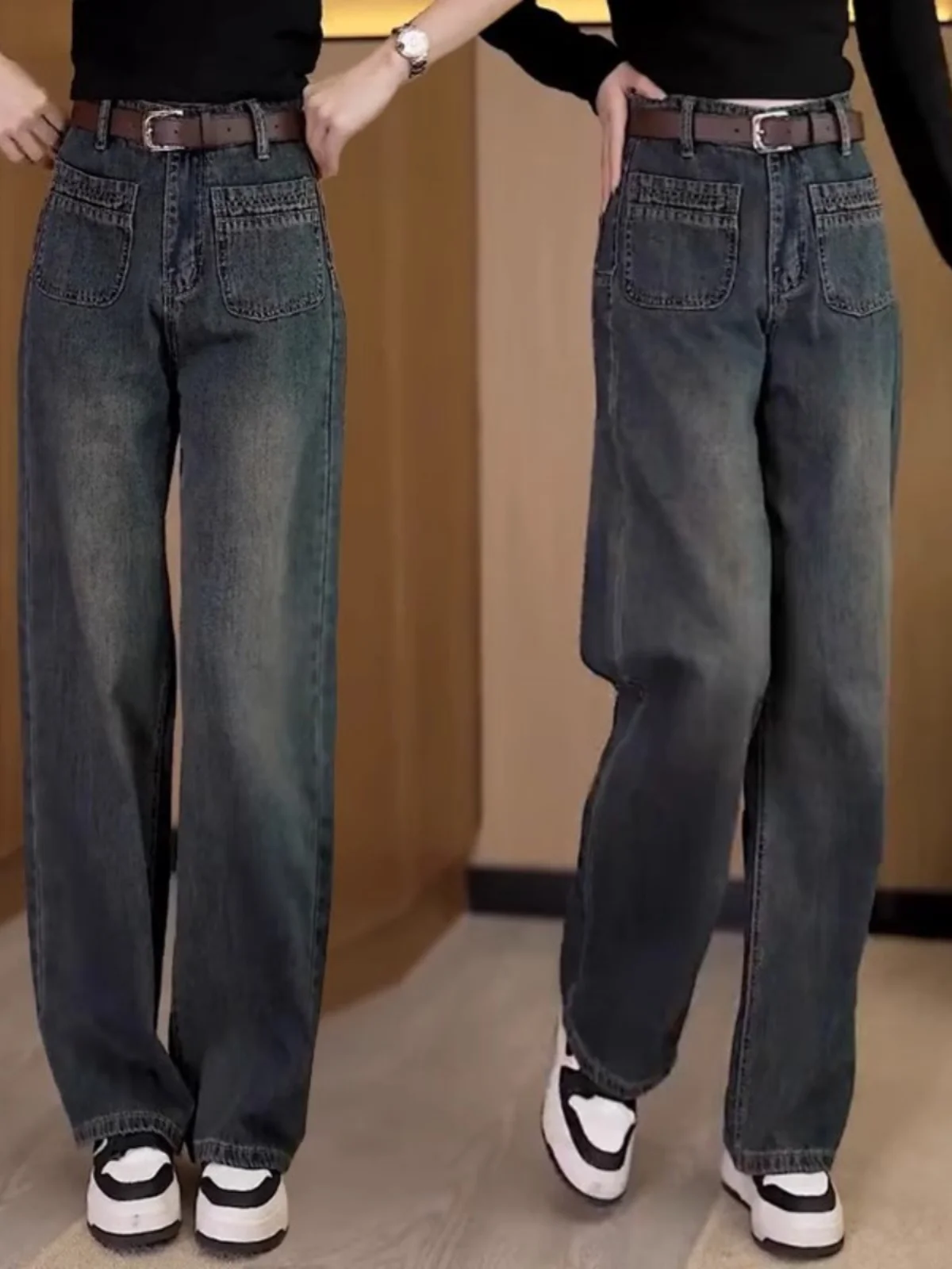 

Женские джинсы с высокой талией и прямыми штанинами, утепленные, широкие брюки, осенне-зимняя новинка, свободный крой, для всех сезонов