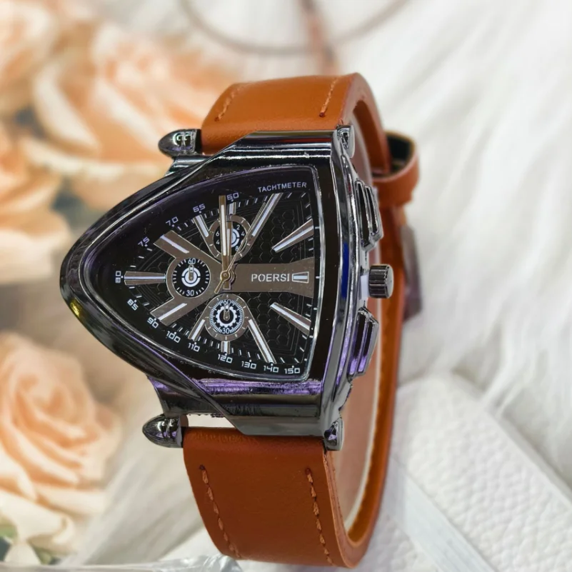 

New Fashion Luxury Man Triangular Hollow Silicone Fake Mechanical Watch Leather Watch Men Business Sports Quartz Watches Clock