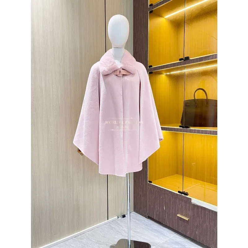 نمط معطف سترة قمم الكشمير الصوف الحرير 2025 أعلى جودة الوردي كم طويل التلبيب مزدوجة الوجهين الكشمير الرأس