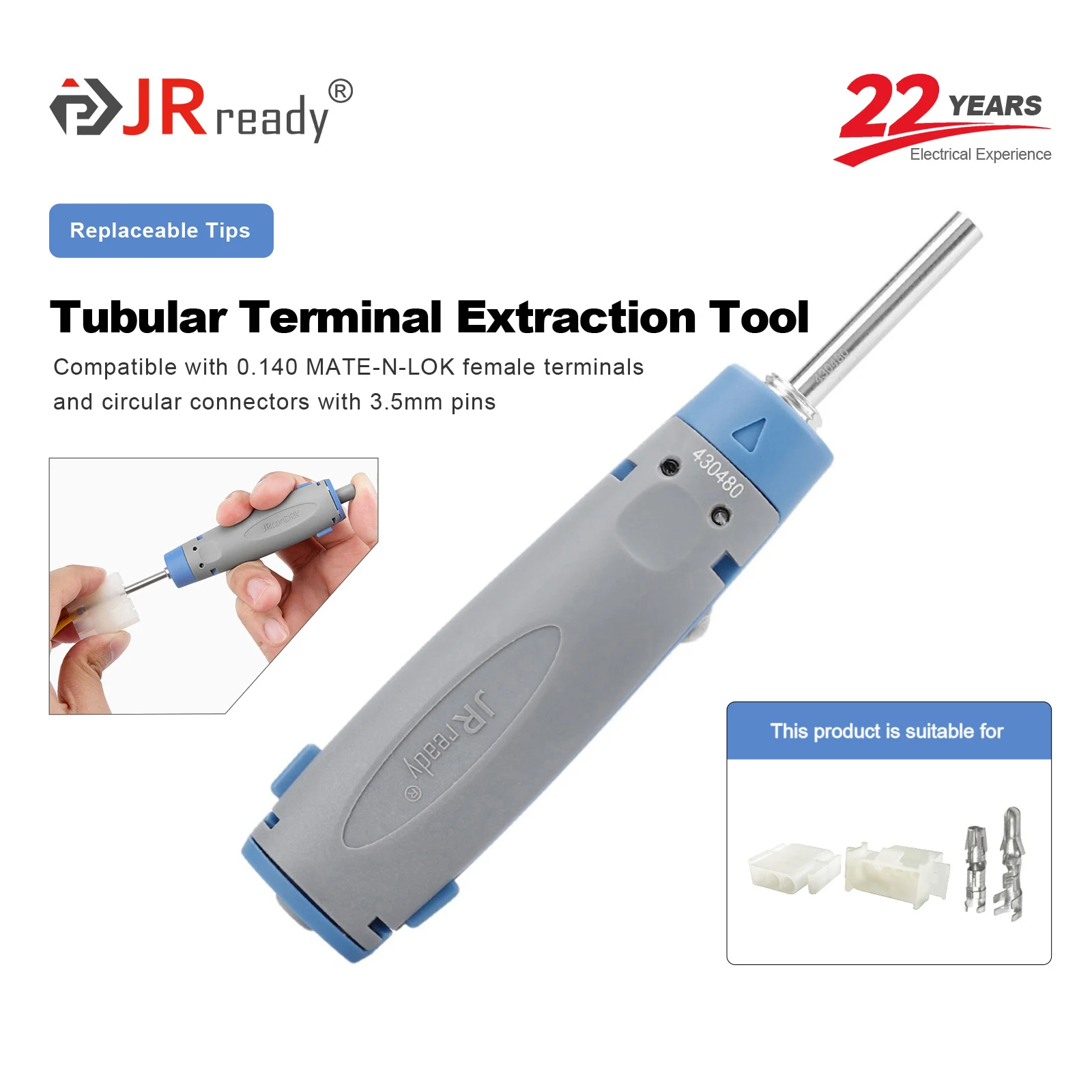 

Инструменты для снятия круглых трубок JRready JRconDRK-T430480 для гнездовых разъемов MATE-N-LOK 0.140; инструмент для круглых разъемов с контактами 3.5 мм.