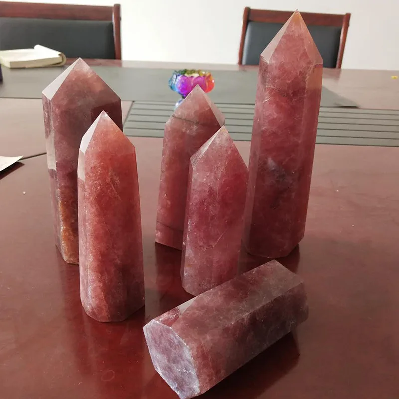 

100% Wholesale Strawberry Crystal Hexagonal Column Natural Crystal Point Mineral Ornament Healing Wand Collection And Home Decor