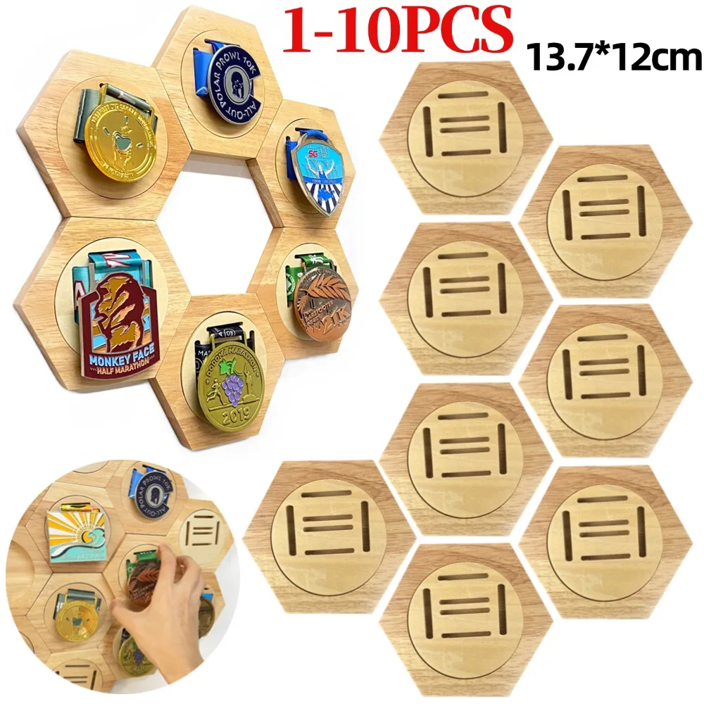 1-10PCS Medal Display Hanger Rack Wooden Decoration Hexagonal Honeycomb Medal Storage Case for Marathons Sport Races Honor Medal