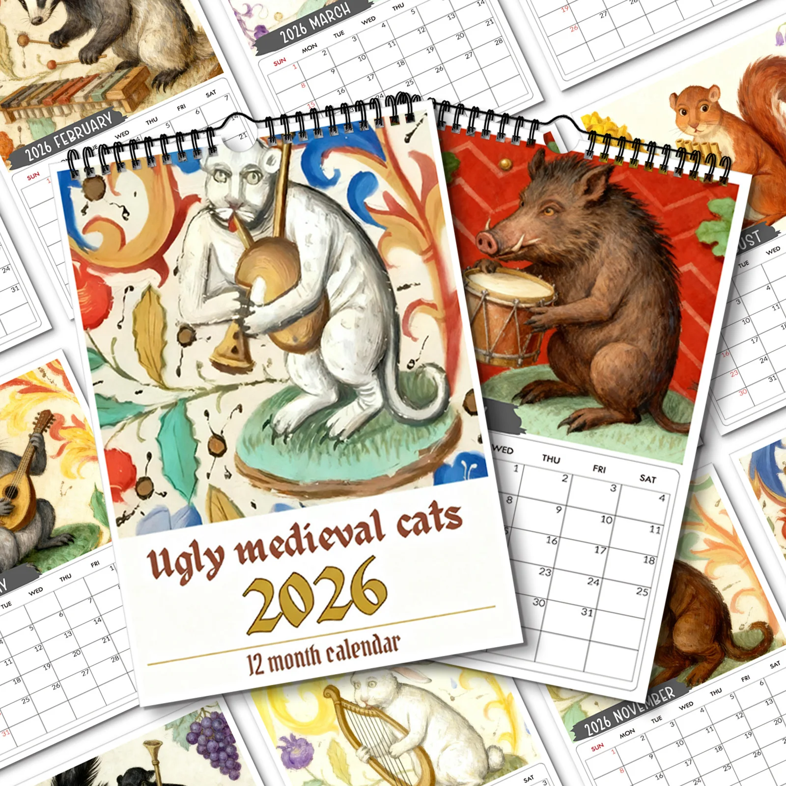 

1PC 2026 Wall Calendar, Medieval-style Ugly-cute Cat Theme,Playful Design, Paper Material, Perfect for Home & Office Decor