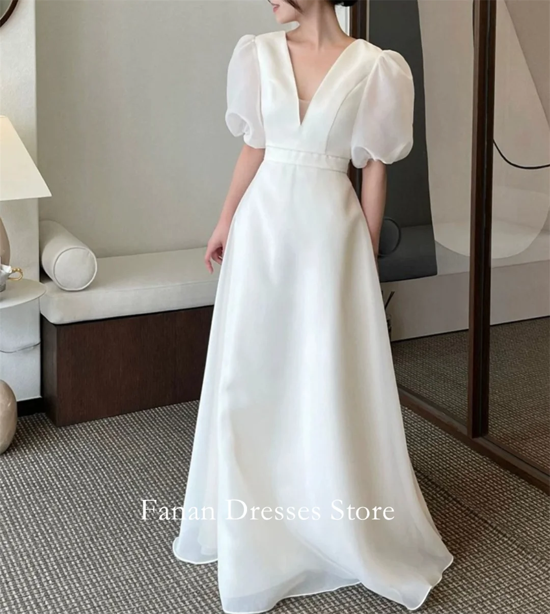 FANAN Corea escote en V profundo mangas abullonadas vestidos de novia Organza vestidos de novia con corsé simples kurs Ivory personalizado P