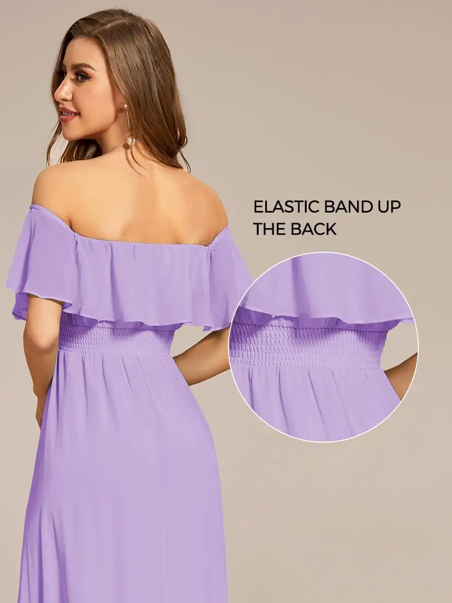 Vestido de casamento feminino com chiffon fora do ombro, baixíssimo, linha A, festa à noite, baile, dama de honra, verão