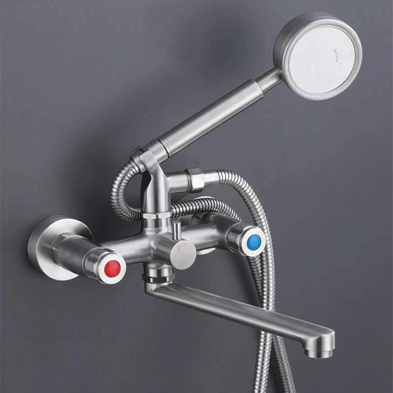 

Stainless Steel Shower Faucet Set 360 Rotate Long Spout Bathtub Faucet Wall Mounted Dual Handle Hot Cold Mixer Valve Nozzle Tap