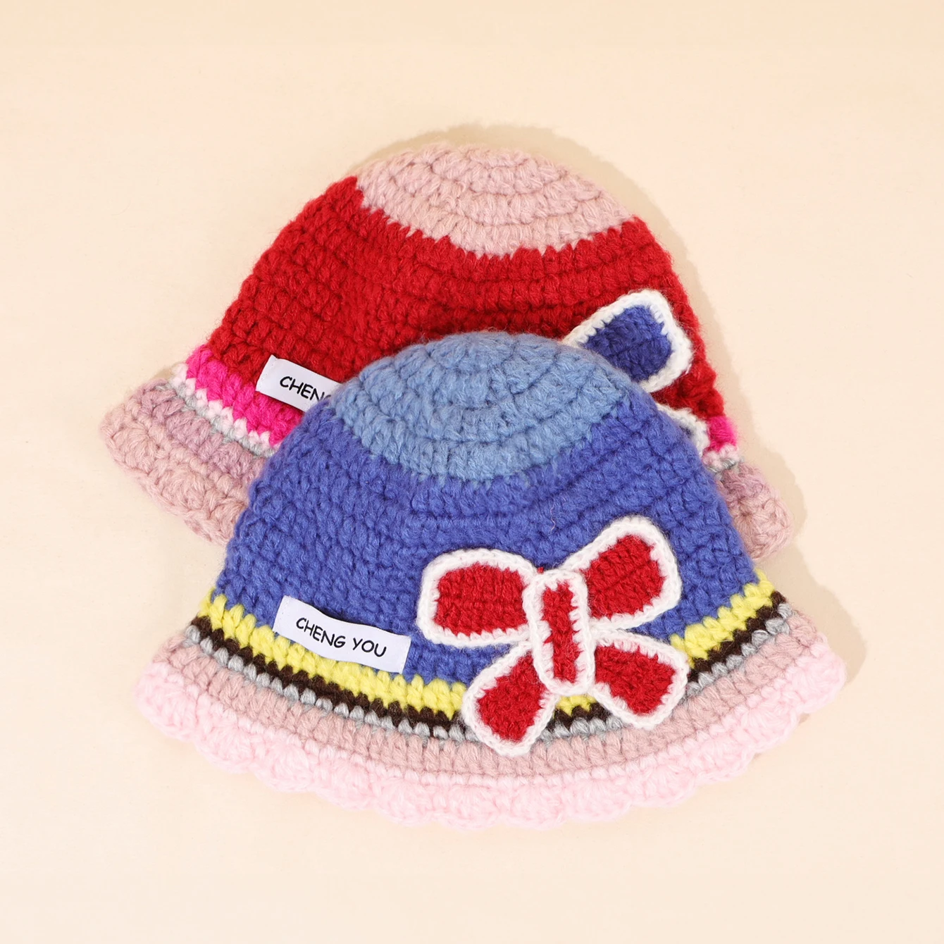1PC with colorful stripes and blue floral decals, fashionable knitted fisherman's hat, decorated with the 
