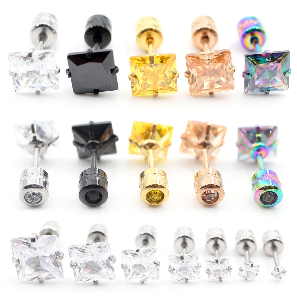 Alisouy 2PCS Chirurgenstahl 4 Zinken Quadrat Zirkon CZ Frauen Männer Mädchen Ohr Stud Knorpel Schraube Ohrringe Piercing schmuck