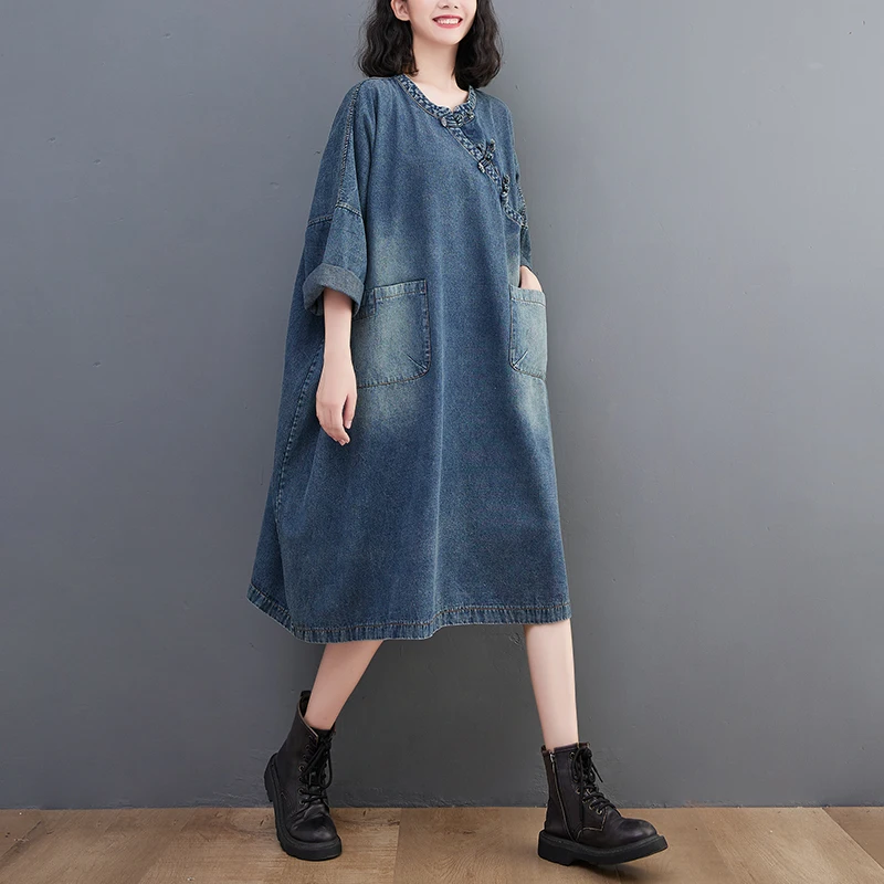 Vestido vaquero hoado informal do Vintage de talla ande para mujer, falda acampanada adeazante para primavera y ver...