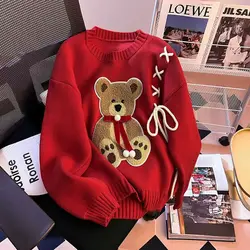 Christmas Red Sweet Cute Bear Jacquard Sweater for Women Long Sleeve American Cartoon Casual Jacket O Neck Loose Winter Jumpers