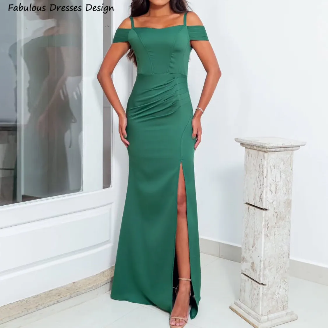 Green Long Mermaid Bridesmaid Dresses Sexy Criss-cross Backless Slit Wedding Party Dress Off Shoulder Spaghetti Straps Prom Gown