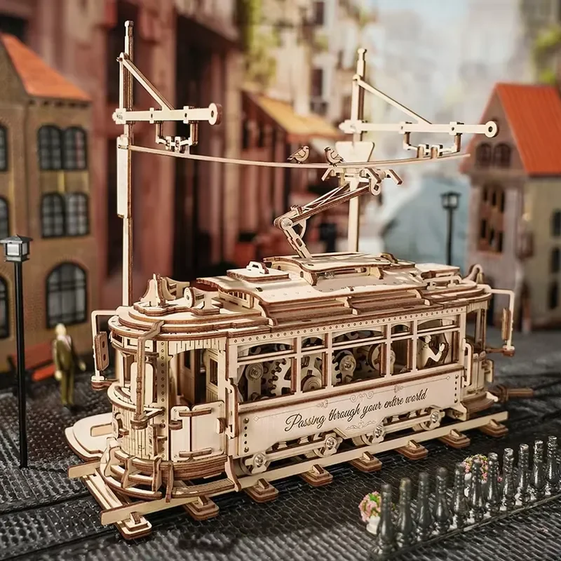 DIY Wooden 3D Puzzle Classic City Tram Model Kit Mechanical Assembly Toy for Adults Teens Kids Educational Gift Hobby Craft