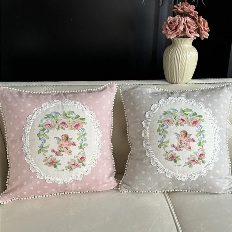 Rose Angel Pearl Cotton Linen Cushion Cover, Pillow Cover, Sofa Decoration, Bedroom, Bed Pillowcase, Car, Office, Home