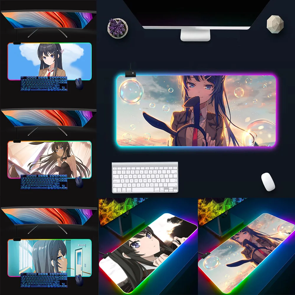 

Bunny Girl Sakurajima Mai RGB Pc Gamer Keyboard Mouse Pad Mousepad LED Glowing Mouse Mats Rubber Gaming Computer Mausepad