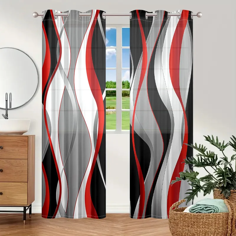 2 pieces, modern art abstract red, white, gray, black striped curtains - semi blackout - living room, bedroom, home decoration