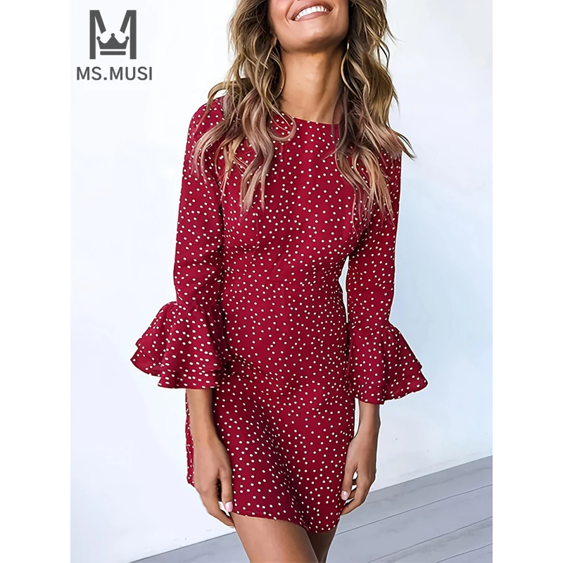 

MSMUSI 2024 New Fashion Women Sexy Vintage Dot Simple Draped Flare Long Sleeve Bodycon Party Club Event Slim Mini Dress Vestidos