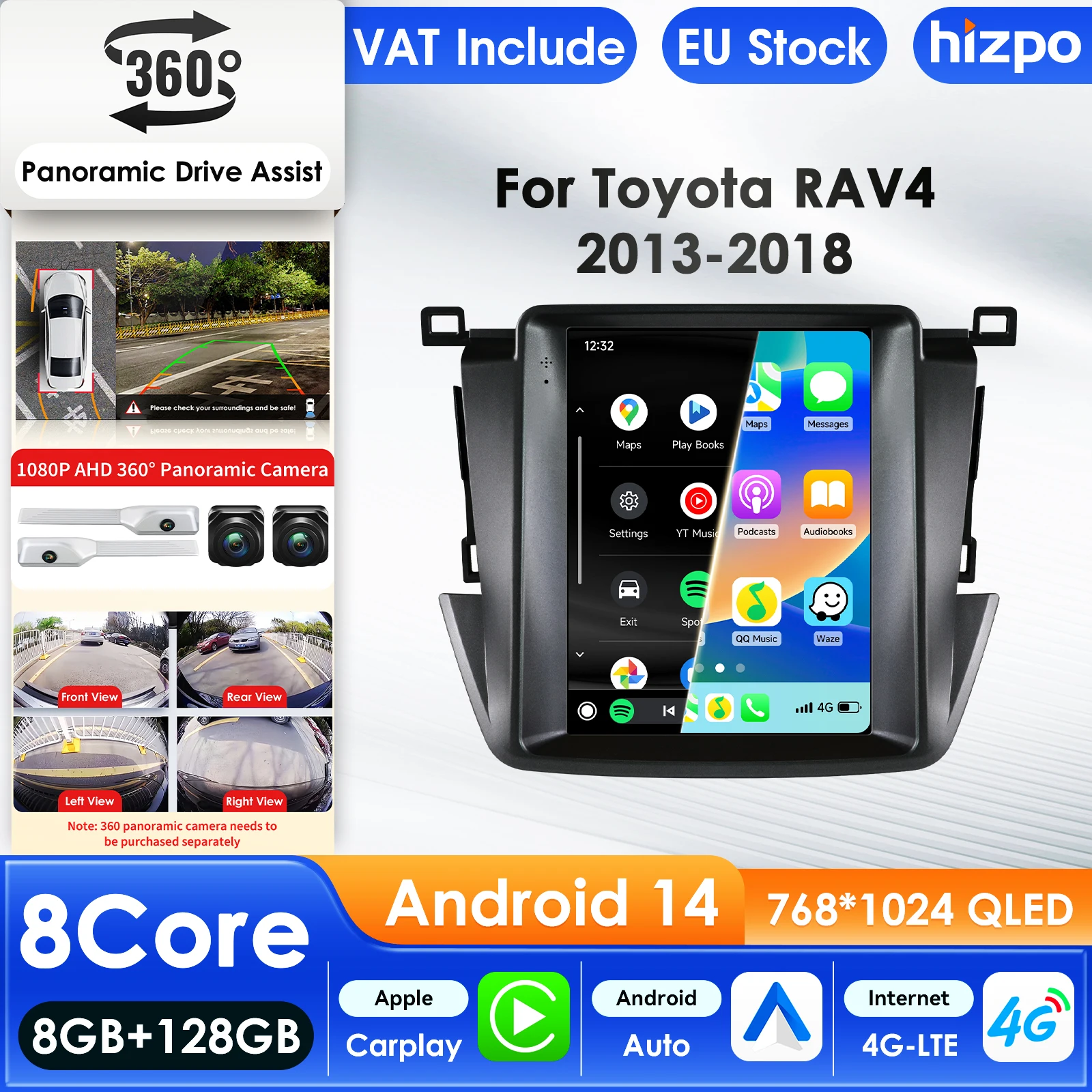 Hizpo 9,7 Zoll Autoradio für Toyota RAV4 2013-2018 Audio-Multimedia-Player CarPlay Android Auto GPS Bluetooth WIFI FM Autoradio 9,7 Zoll im Tesla-Stil Intelligenter Bildschirm QLED-Display Automotive