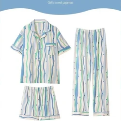 Women Pajama Set stripe Print Pyjamas Short Sleeve Nightwear pants And Shorts Women's Sleepwear Pj Sets Female Nightwear 3PCS