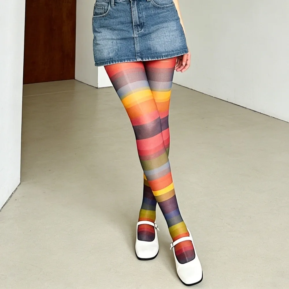 Sweet Seamless Rainbow Pantyhose Elastic Breathable Colorful Stripes Stockings Thin Y2K Gradient Color Tights Party