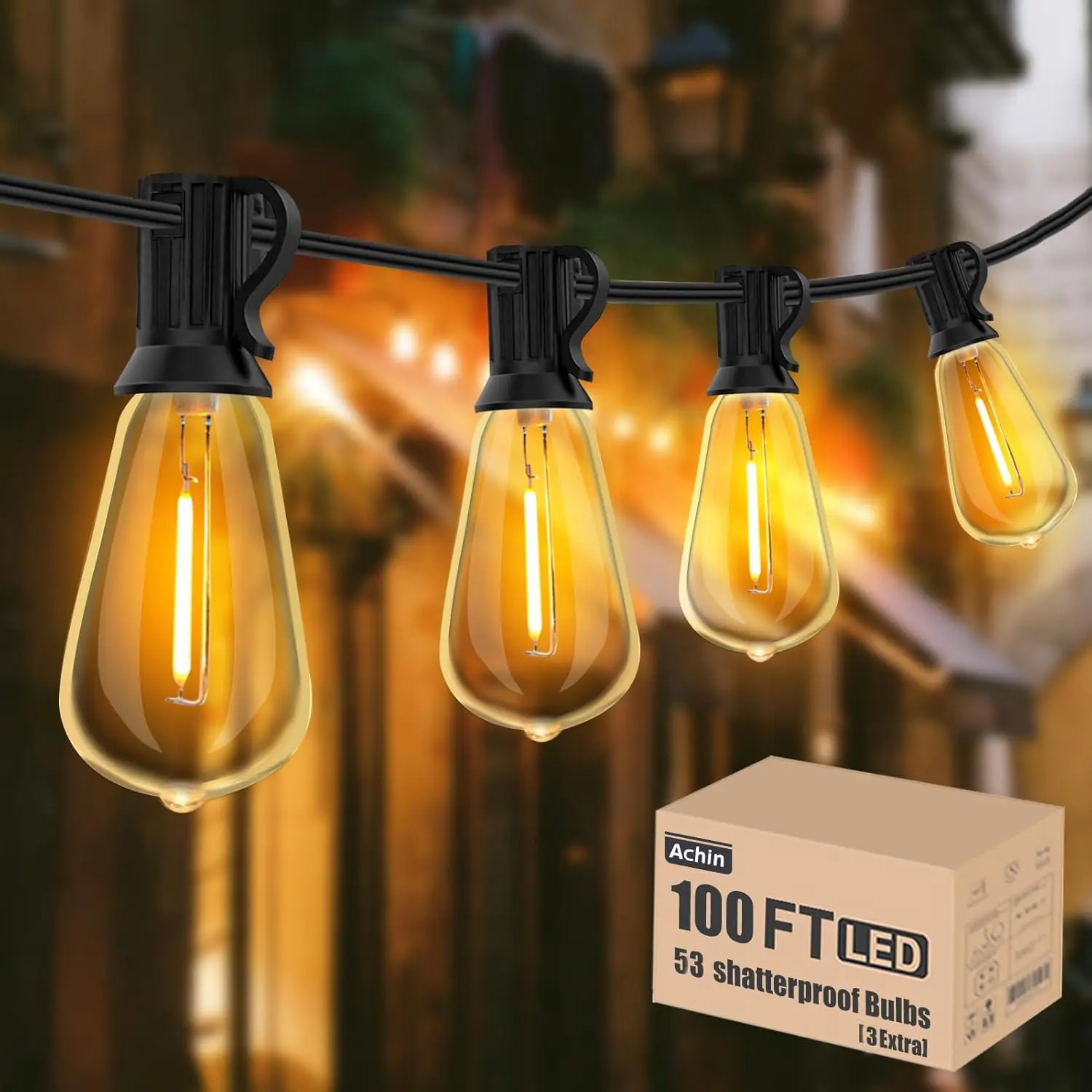 Hanging Lights LED 48FT Waterproof, Shatterproof, Commercial Grade, Heavy Duty, Vintage Edison Backyard Patio Black