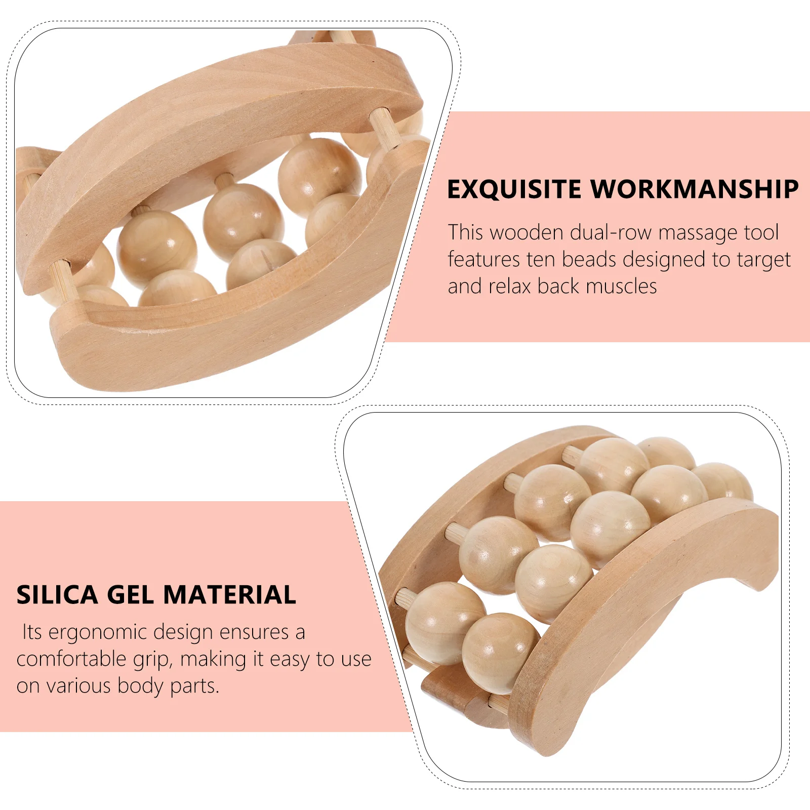 Natural Wood 10 Bead Dual Row Massage Tool for Back Shoulder Arm Use Ergonomic Design for Stress Relief and Mobility