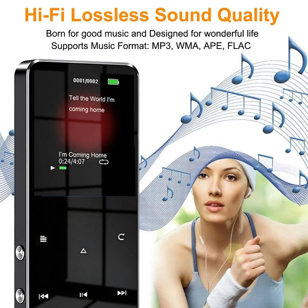 KEBIDU TFT MP3 Player 1.8 In Metal Touch Bluetooth 5.0 Walkman HiFi Sound FM Alarm E-Book Recording MP3 Player Built-in Speaker