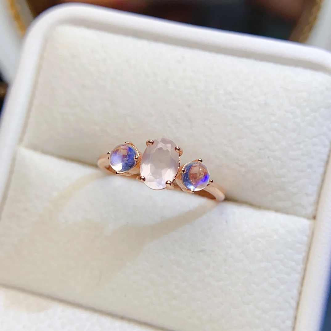 FS 5*7mm Natural Rose quartz Moonstone Ring S925 Sterling Silver Fine Charm Weddings Jewelry for Women MeiBaPJ With Certificate image 6