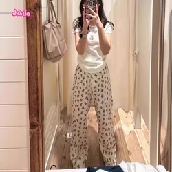 Bear Print High Waist Straight Leg Pants For Women Summer Cotton Casual Long Women's Pant Sweet Cute Woman Clothes Home Wear