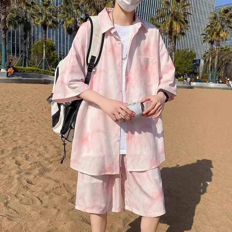 

Hawaii Beach Ice Silk Floral Shirt Sets Men Summer New Casual Loose Thin Seaside Half Sleeve Coats Fashion Versatile Shorts