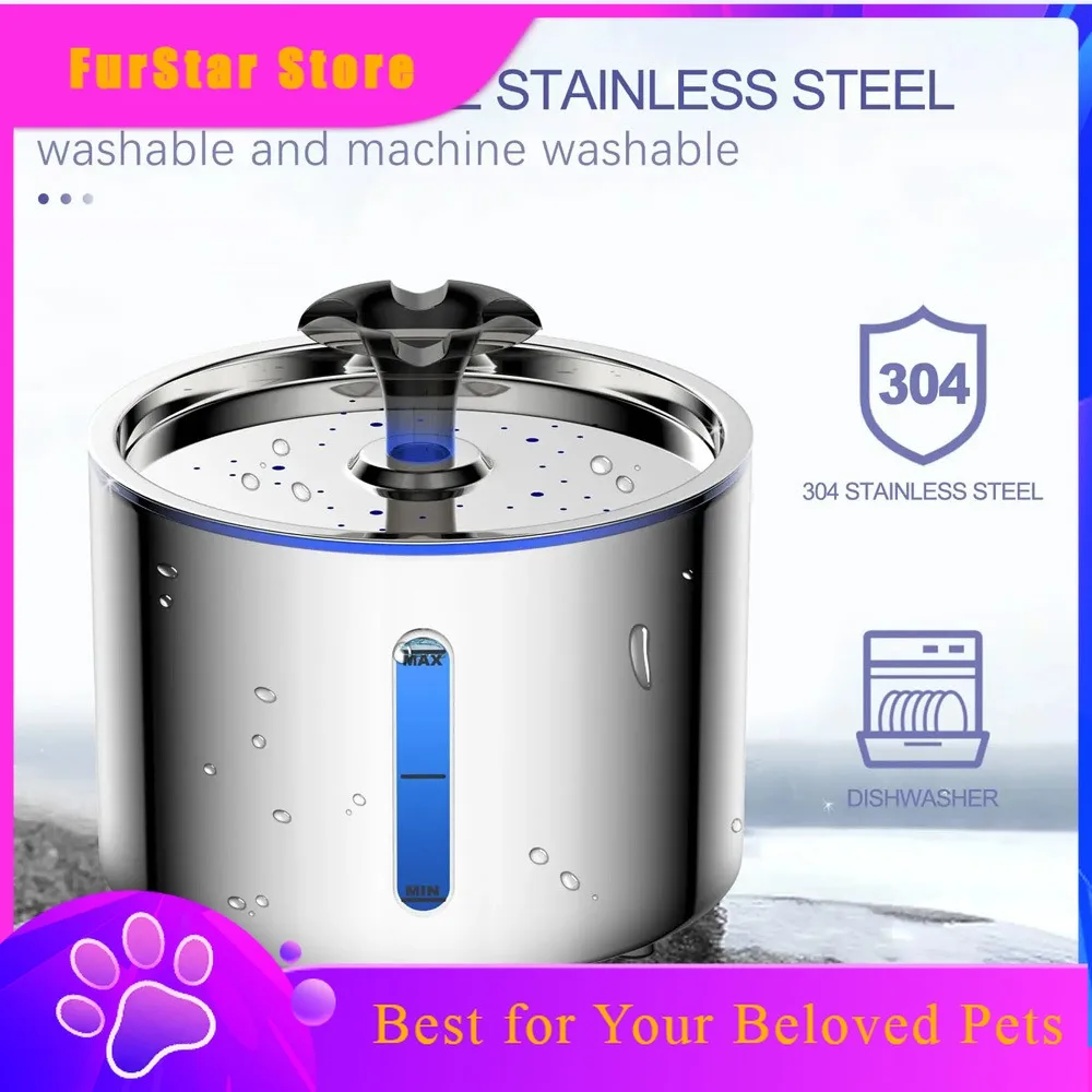 FurStar2.5L Pet Water Fountain Stainless Steel Automatic Cat Water Dispenser With LED Light Window Non-slip Smart Drinker For Do
