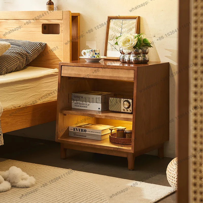 FG Nordic solid wood bedside table, simple rattan edge few lockers