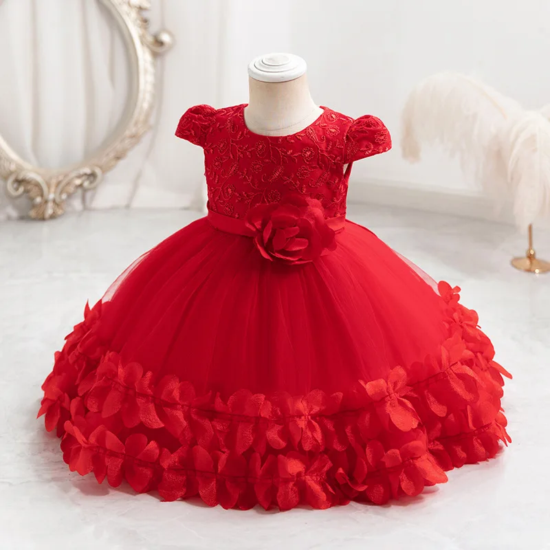 Elegant Flower Solid Puff Sleeve Baby Princess Dress Floral High Waist Mesh Bow Bandage Girl Party Dress Festival Dresses