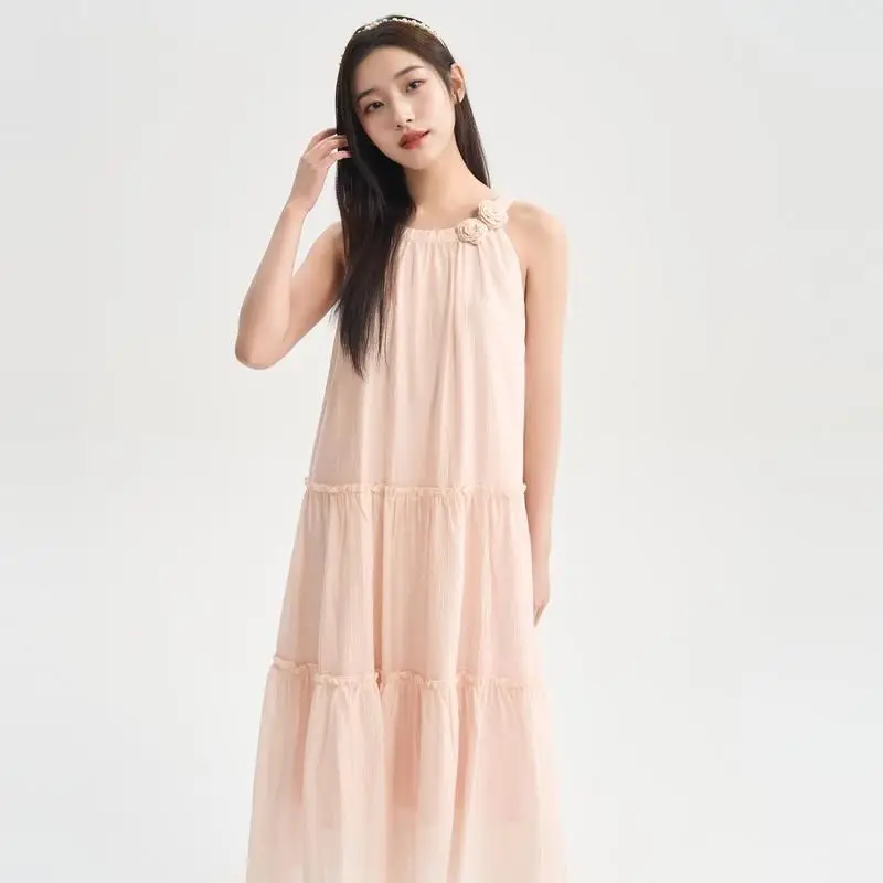 Women's Light Green Sleeveless Halter Neck Tiered Ruffle Maxi Dress 3D Flower Decor Loose Casual Gauze Dress