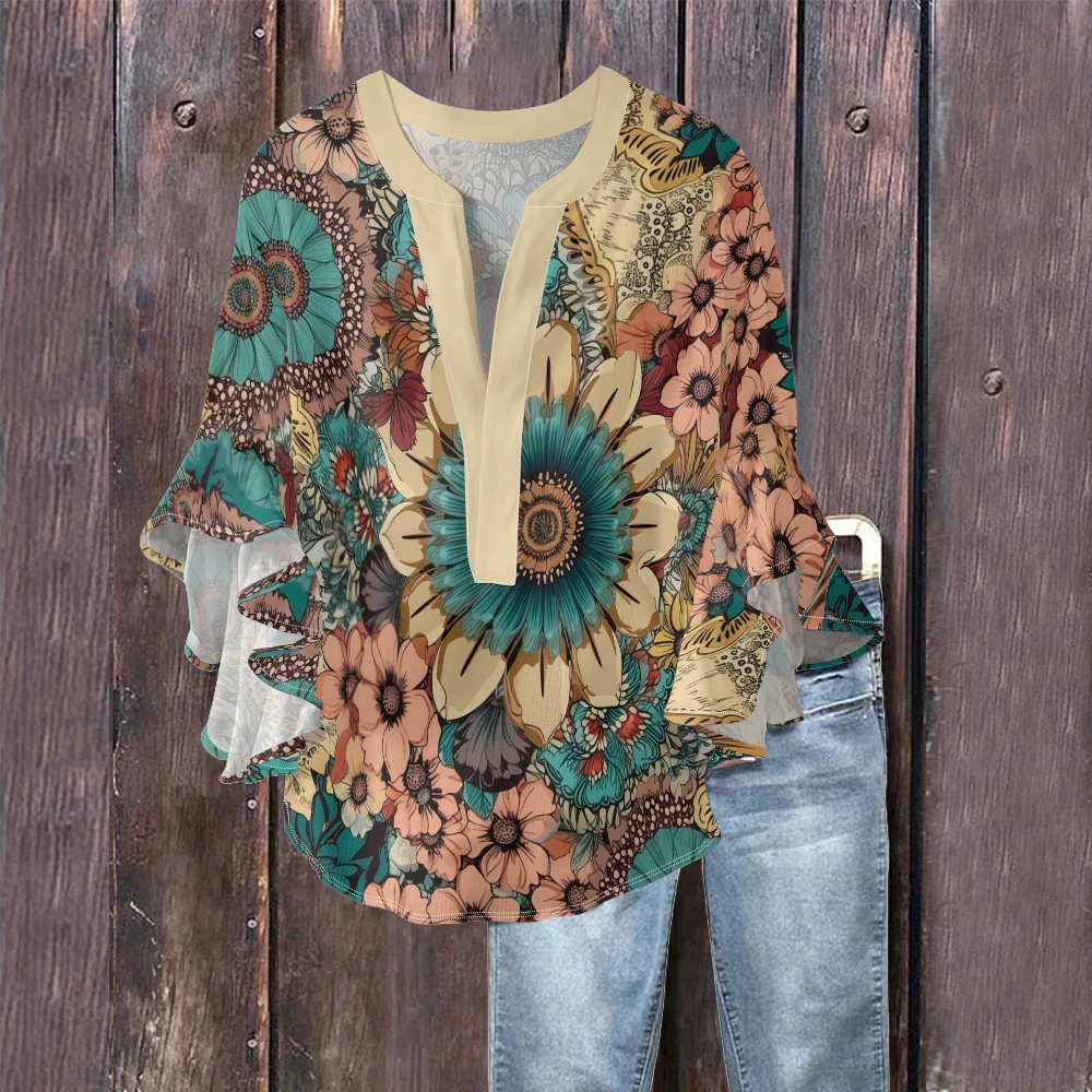 

Romantic Floral Bubble Crepe Blouse Women’s V-Neck Bell Sleeve Top with Layered Ruffles Elegent Summer Casual Shirts Plus Size