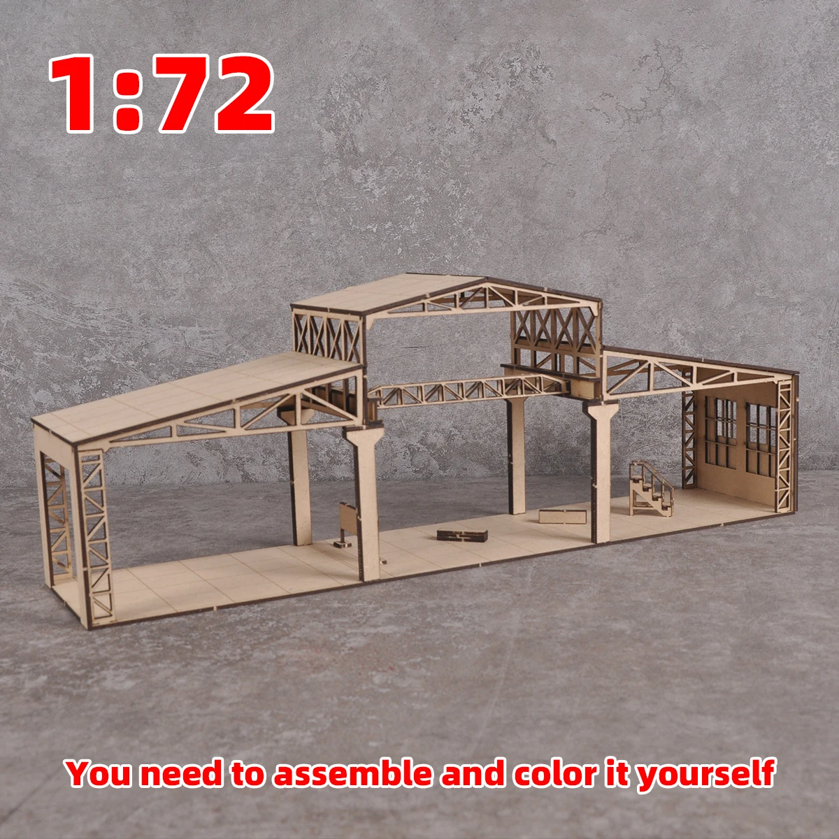 Architektonisches Gebäudemodell-Bausatz Miniatur-Sandtisch Fabrikhalle Reparaturwerkstatt Depot Scheune Diorama Maßstabsmodell-Set 1/72 – Detail 1