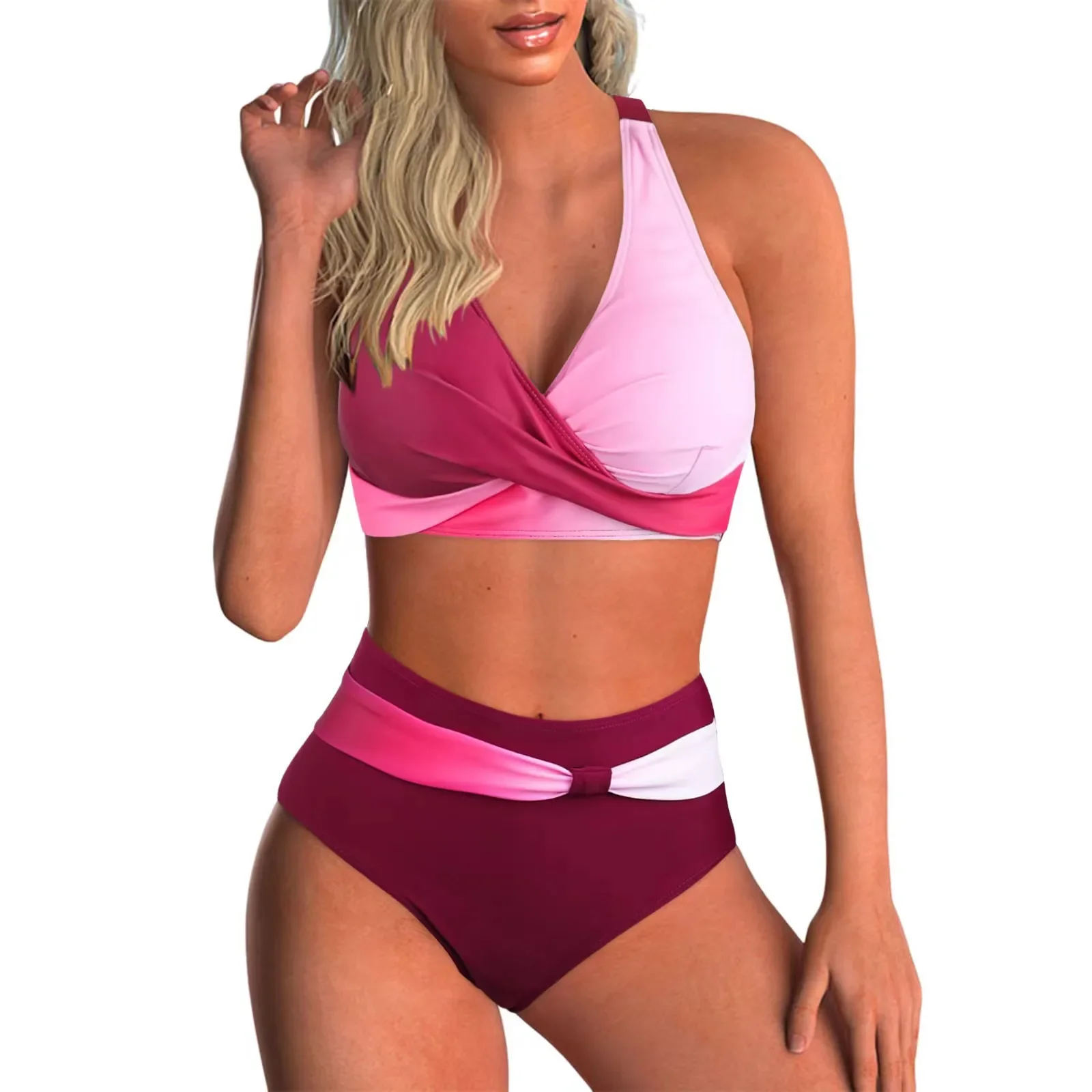 

Купальник с эффектом пуш-ап, женский розовый лоскутный купальник с перекрестной подкладкой и поясом, комплект бикини с высокой талией, лето 2025 г., купальный костюм из двух предметов, купальник XXL