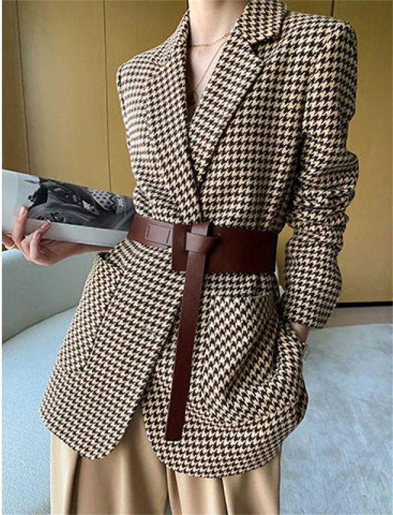 Houndstooth Notch Lapels Women Suit With Belt Two Large Pockets Blazer Elegant Brown Black Western-Style Clothes Newest In Stock