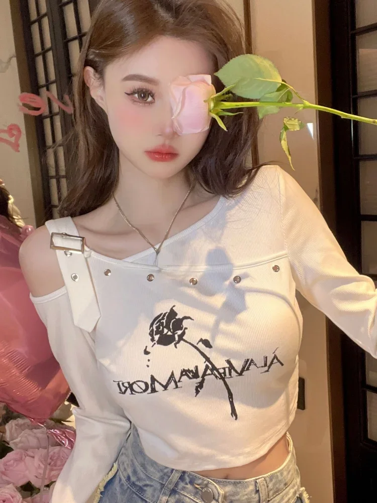 Irregular Off Shoulder Long Sleeve Fairy T-shirt Y2k Aesthetic High Waist Cropped Top Women Letter Rose Print Harajuku Slim Tees