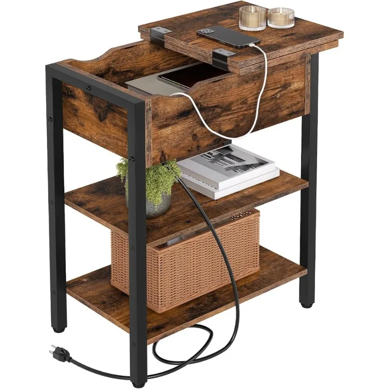 #Narrow End Table with Charging Station Flip Top Nightstand USB Ports Outlets Bedside Table with Shelf for Small Spaces Rustic