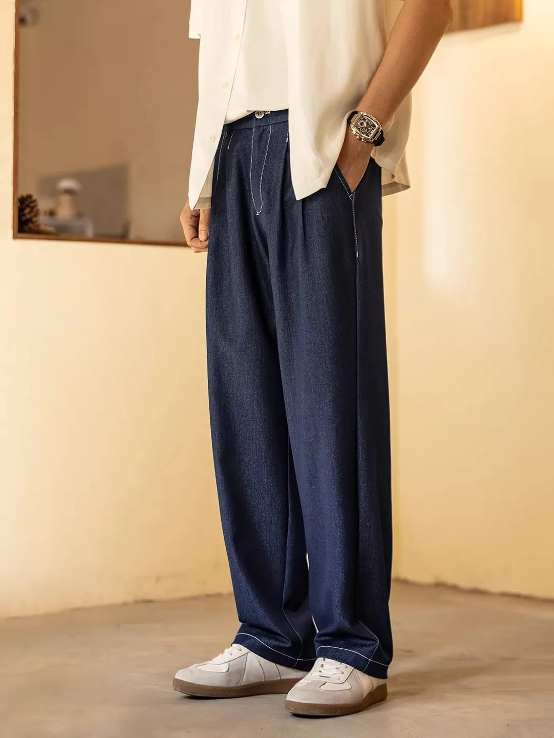 

Мужские повседневные шерстяные брюки прямого кроя с эластичным поясом, весна-осень, новые, вязаные, высокоэластичные, однотонные